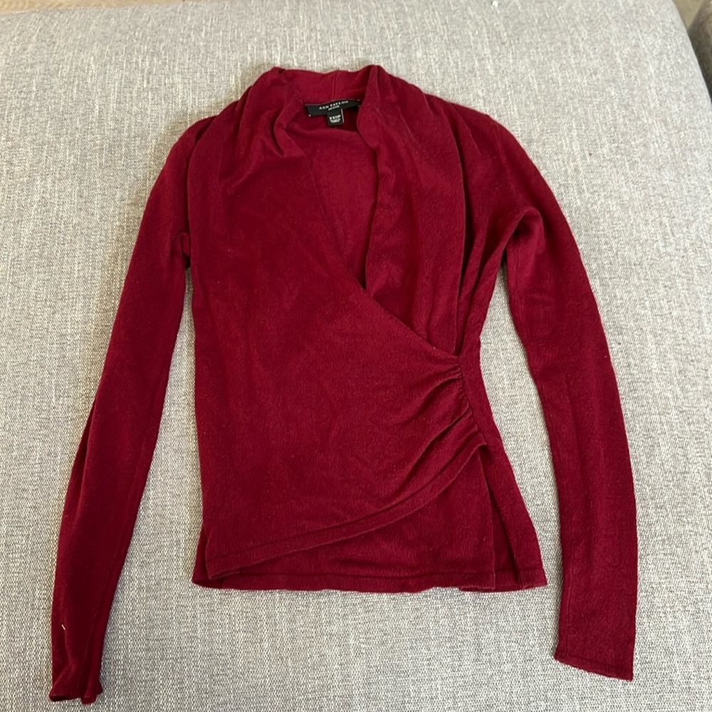 Ann Taylor petite wine color faux wrap knit wine color top XXSP